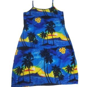 Rima Beachwear Hawaiian Tropical Palm Sunset Midi Tank Dress XL Blue Yellow